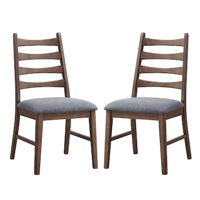 Set of 2 Linen Upholstered Dining Chairs with Ladder Back in Dark Gray and Walnut