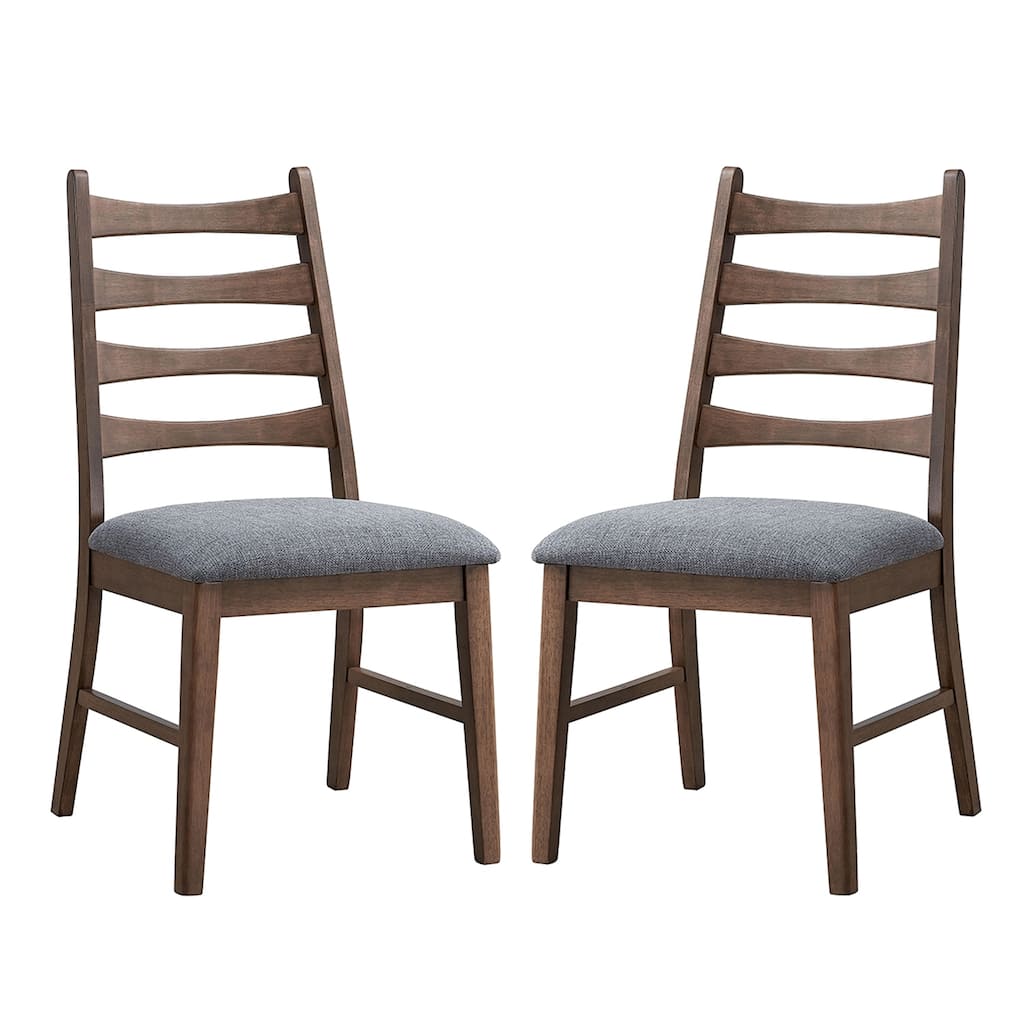 Set of 2 Linen Upholstered Dining Chairs with Ladder Back in Dark Gray and Walnut