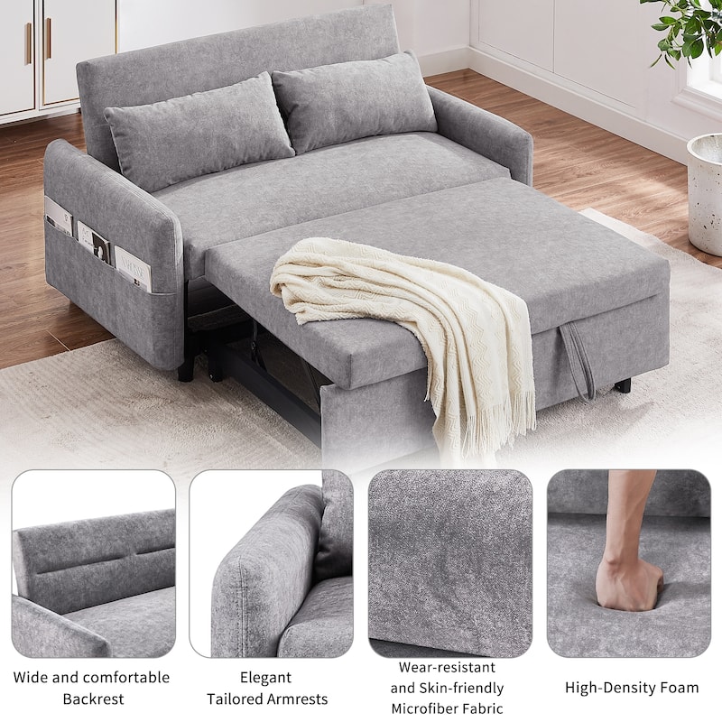 3-in-1 Pull Out Sofa Bed, Couch Bed with Adjsutable Back and Storage Pockets, 2 Seater Sofa with 2 Soft Pillows and USB Ports