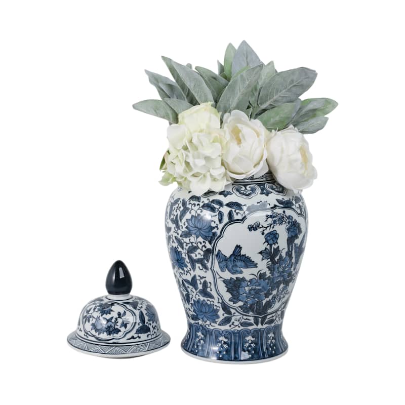 Ceramic Chinoiserie Floral Decorative Temple Jar - Blue 18"