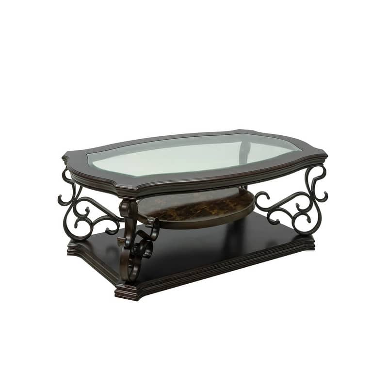 Elegant 52" Traditional Cocktail Table with Beveled Glass Top and Marble Paper Shelf
