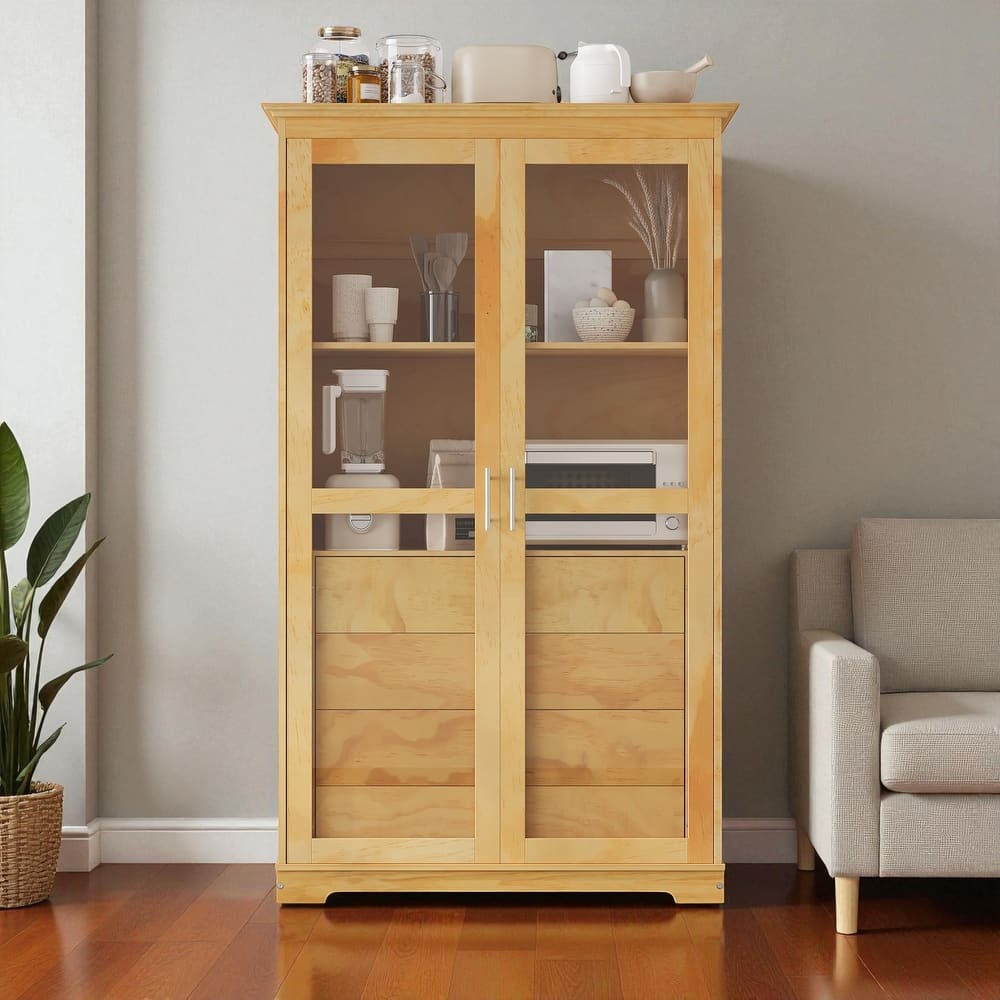 75" Solid Pine Wood Kitchen Pantry Cabinet with Glass Doors and 4 Drawers, Freestanding Storage Display Cabinet for Dining Room