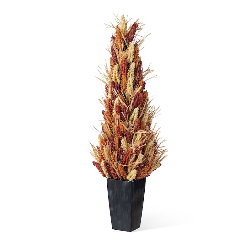 Glitzhome Fall Multi-Colored Sorghum Garland Wreath Swag with Black Metal Wreath Hanger - Porch Tree