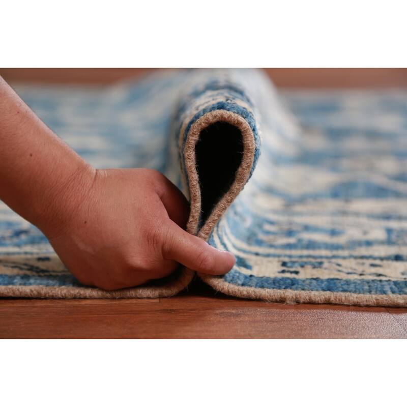 Hand Knotted Oriental 100% Wool Carpet Transitional All-Over Navy Blue & Blues Oushak Area Rug - 9' 4'' X 6' 4''