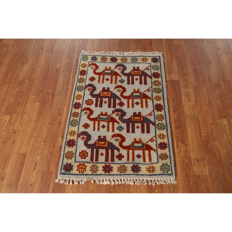 Hand Knotted Oriental 100% Wool Carpet Traditional Tribal Greys & Charcoal Art Deco Area Rug - 3' 0'' X 2' 0''