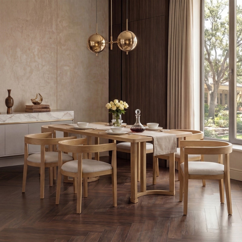 7 Piece Rectangular Dining Set for with 6 Upholstered Barrel-Back Chairs and Padded Seats
