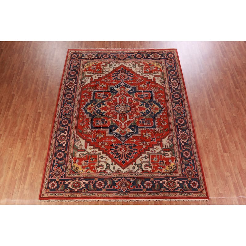 Hand Knotted Oriental 100% Wool Carpet Traditional Medallion Oranges & Rust Heriz (serapi) Area Rug - 11' 10'' X 9' 1''