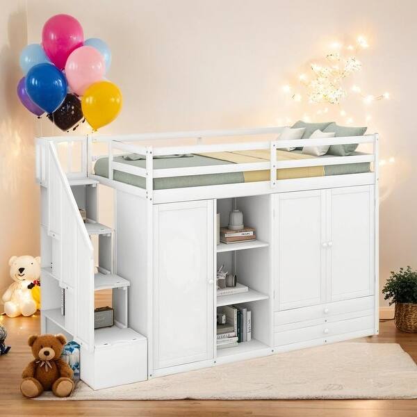slide 2 of 18, Functional Loft Bed with 3 Shelves, 2 Wardrobes and 2 Drawers, White White