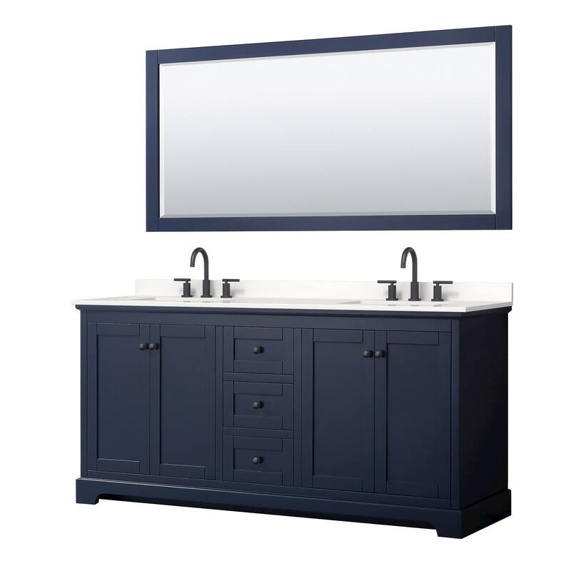 Wyndham Collection WCV232372D-QTZ-US3M70 Avery 72" Free Standing - Dark Blue / White Quartz Top / Matte Black