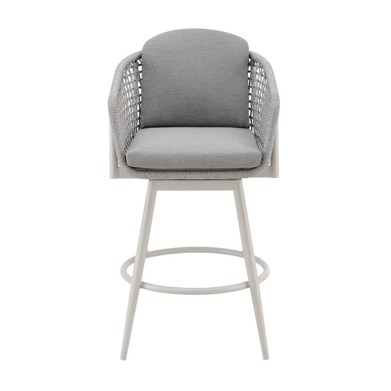 Rhodes Outdoor Patio Swivel Bar Stool in Aluminum with Rope and Cushions