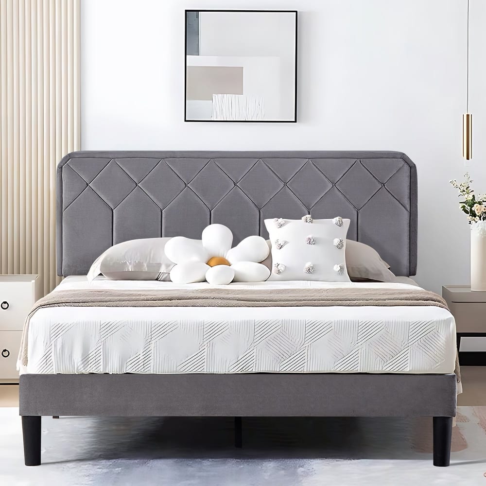 VECELO Adjustable Height Velvet Headboard Grey Bed Frame with Diamond Tufted Twin/Full/Queen Sizes Frame with Center Support Leg