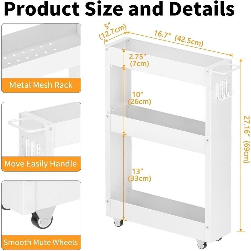 Storage Cart 5 in Width 4Tier White Rolling Cart with Handle
