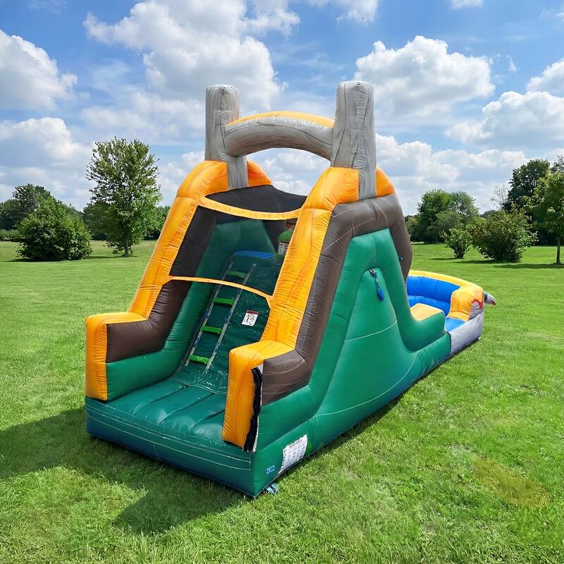 HeroKiddo T-Rex Adventure 12' Tall Dual Lane Inflatable Water Slide with Pool, Commercial PVC, Kids and Adults, Blower Included
