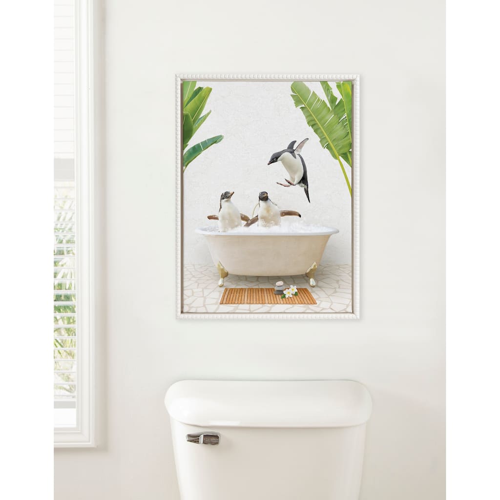 Sylvie Beaded Penguins Bali Bath Framed Canvas by Amy Peterson