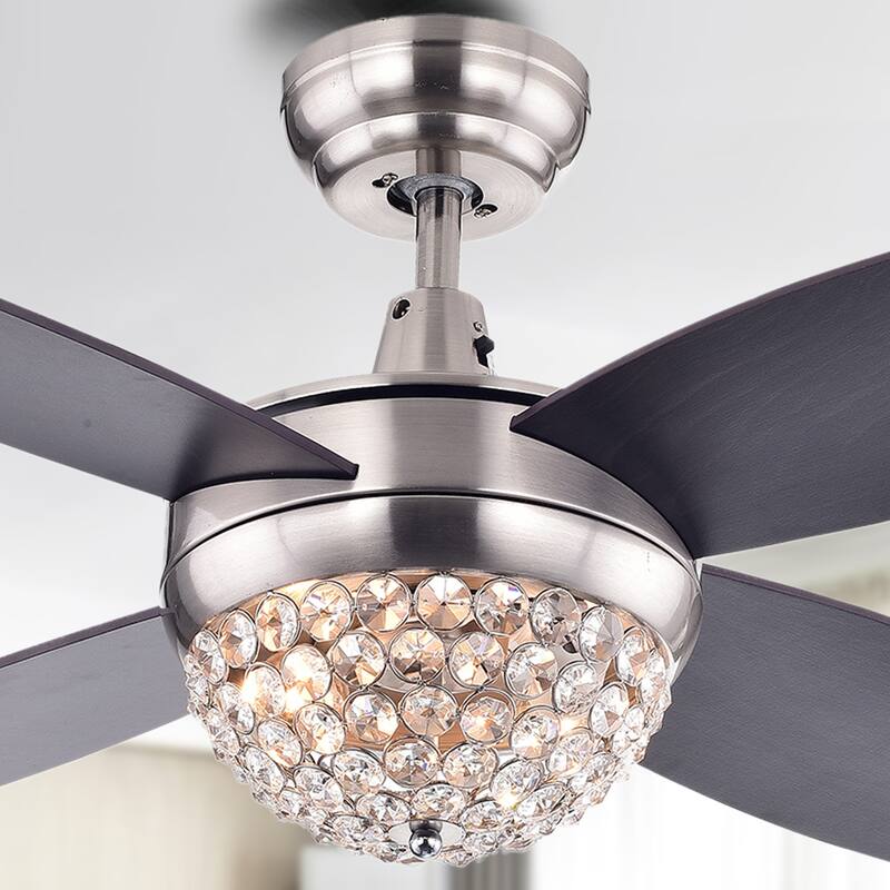 4-blade 2-light Satin Nickel Crystal Ceiling Fan incl Remote