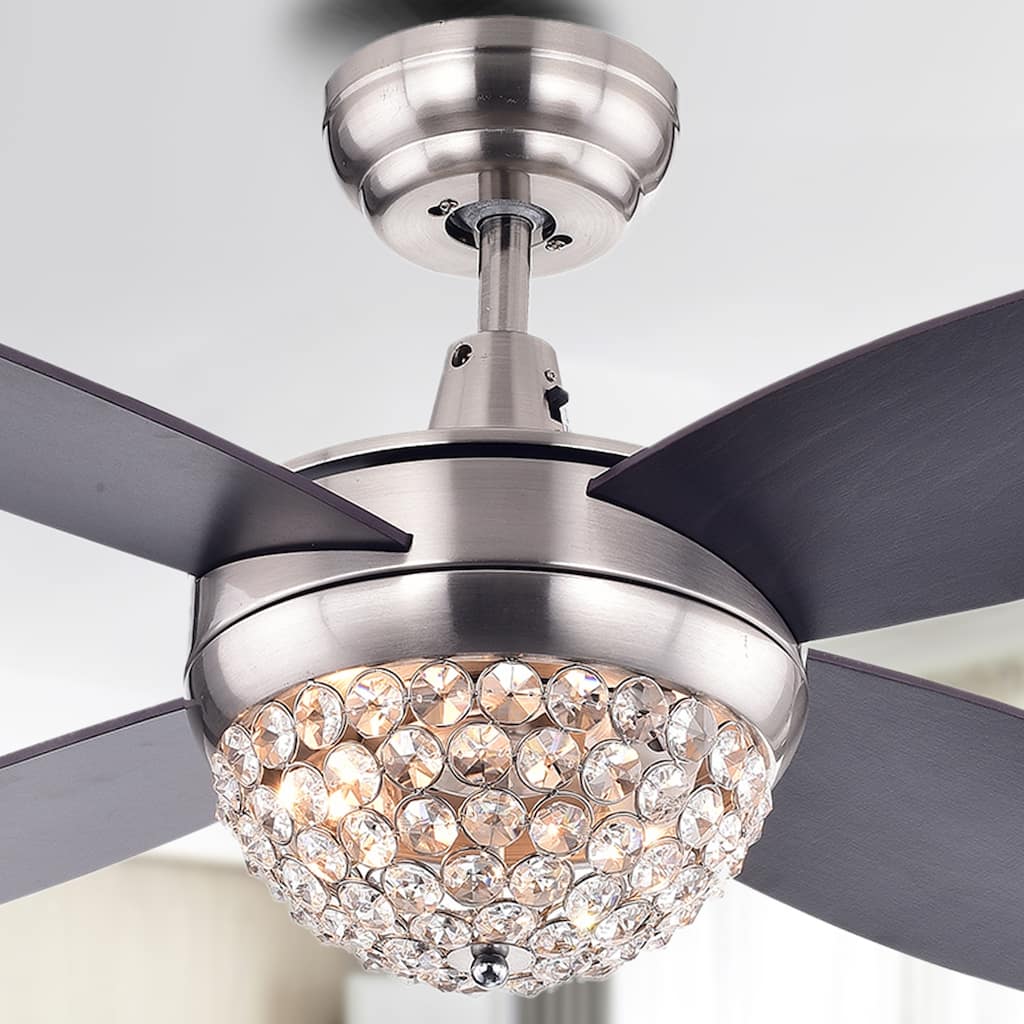 4-blade 2-light Satin Nickel Crystal Ceiling Fan incl Remote