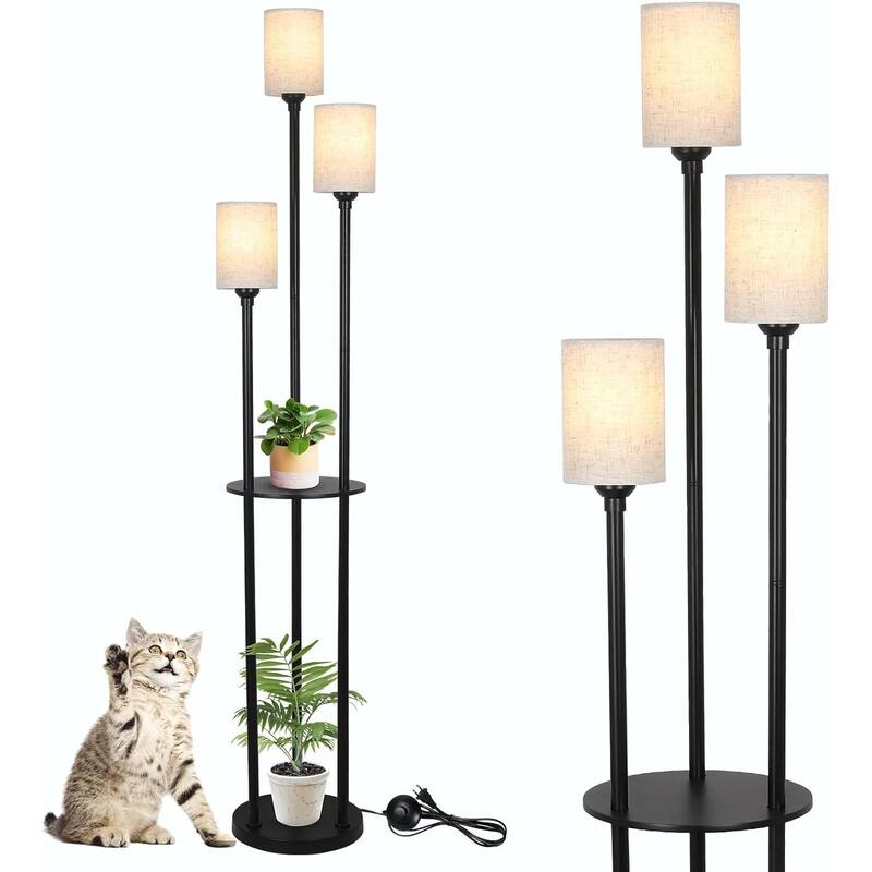 Boho Rattan Floor Lamp with Shelves, Pedal Switch, and Adjustable Height - Brown+Black