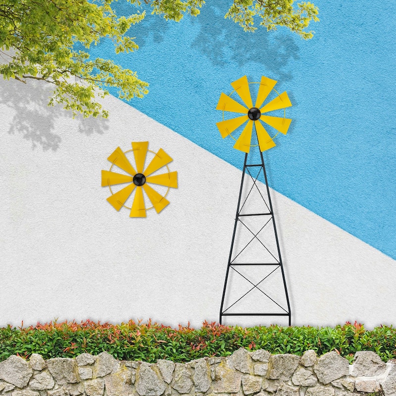 Glitzhome 44"H Glossy Painted Metal Yellow//Blue/Orange/Red Flower Wind Spinner Yard Stake - Yellow