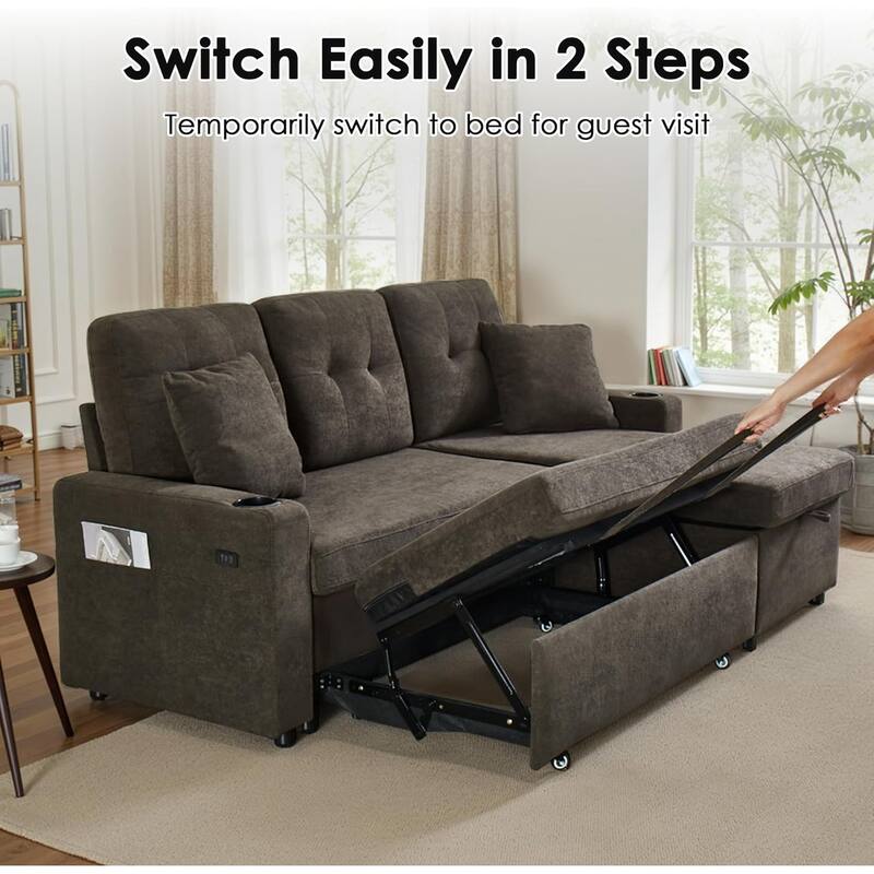 Reversible Sectional Sofa Couch,Sleeper Sofa Bed with Storage Chaise Pull Out Couch for Living Room,USB Charge,Cup Holder