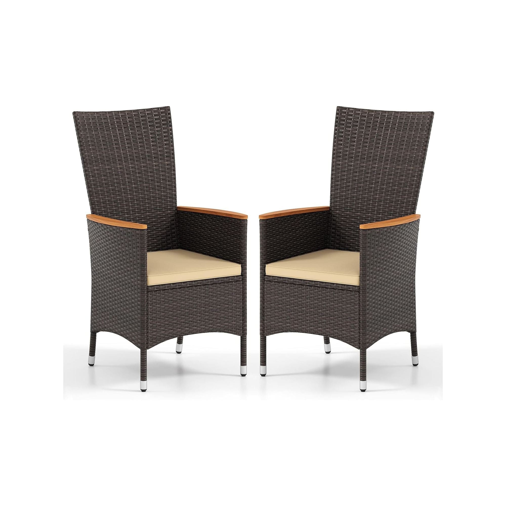 High Back Rattan Patio Dining Chairs Set of 2/4 with Wood Armrests