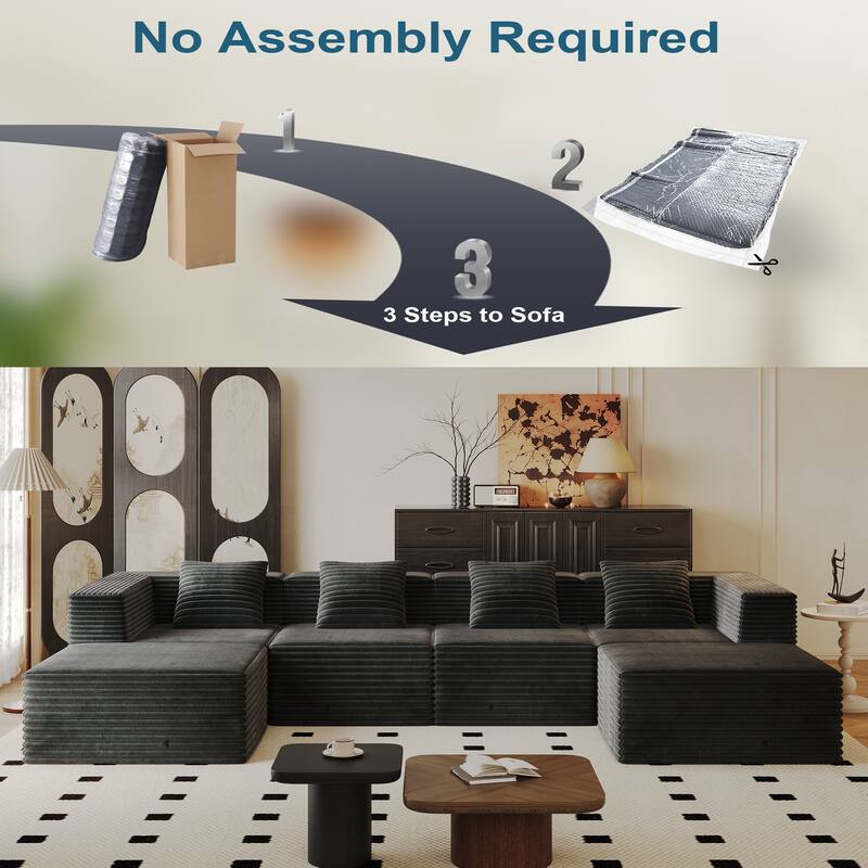 Modular Boneless Sectional Sofa, Deep Seat U-Shaped Corduroy Couch