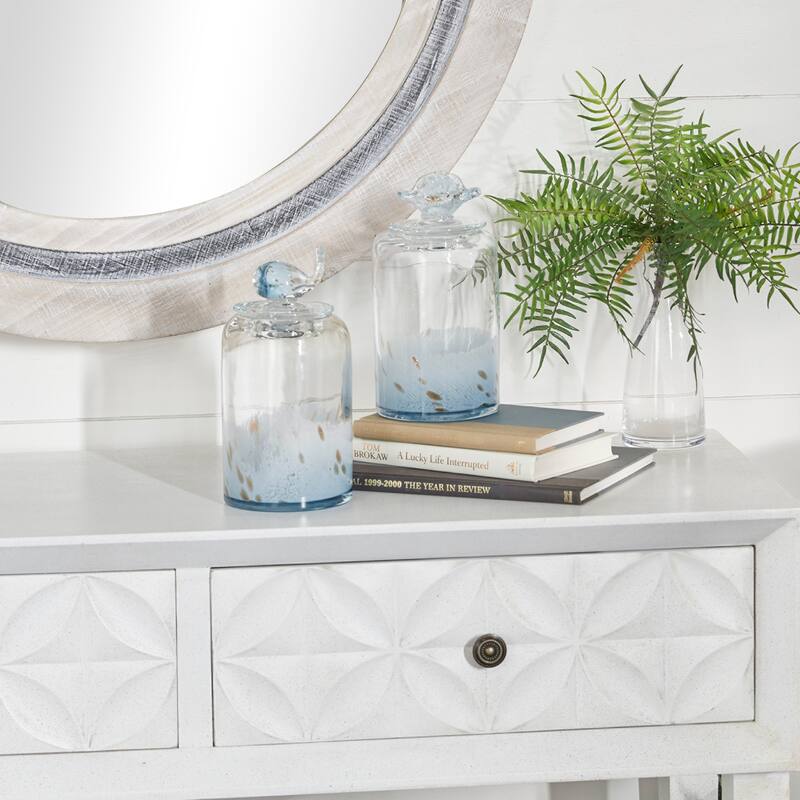 Blue Glass Handmade Shell Living Room Decorative Jars with Whale and Seashell Tops (Set of 2) - 5 x 5 x 9