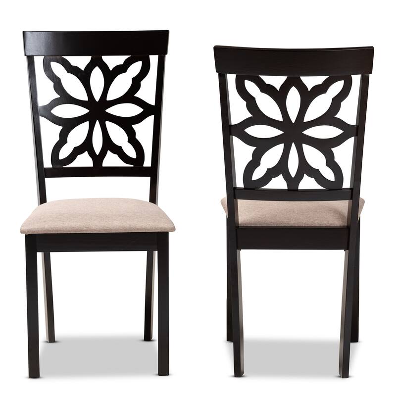 Modern Dining Chair Set - 2 Piece Fabric Upholstered Chairs - Dark Brown Wood Finish