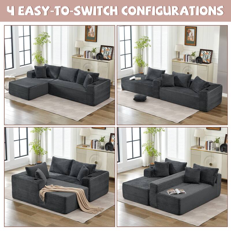 104" Upholstered L-Shaped Full Foam Sofa Couch Chaise Sofa with Pillows, No Assembly Required