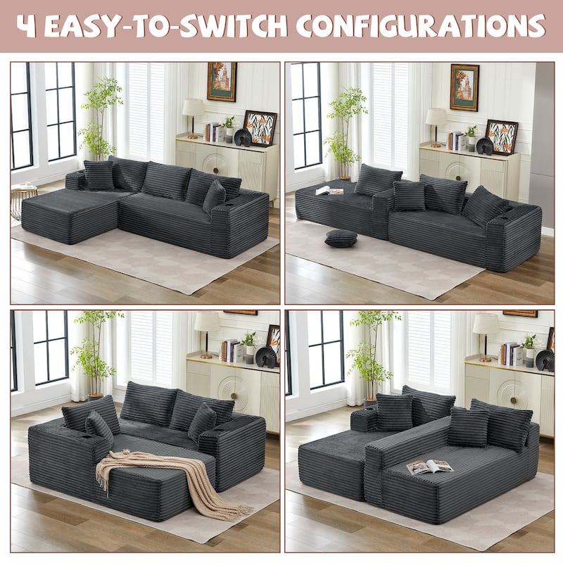 104" Upholstered No-Assembly Modular Sofa Chaise Sofa with Cupholders, Free Combination