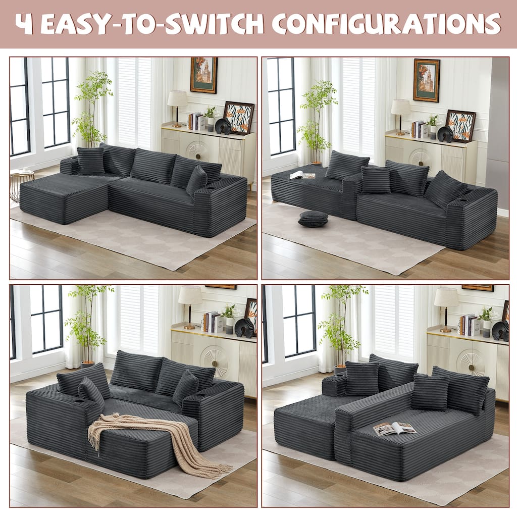 Upholstered L-Shaped Sectional Sofa Couch Chaise with Cupholders, No Assembly Required