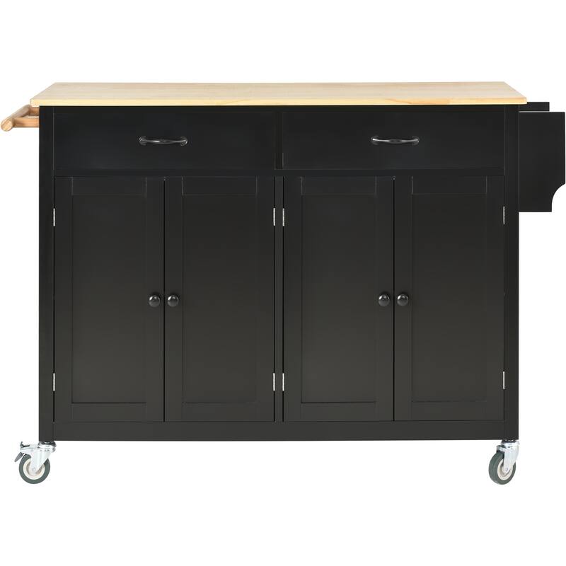 Black Solid Wood Kitchen Island with Locking Wheels, Rolling Kitchen Cart, Closed Storage Kitchen Cabinet with Rack