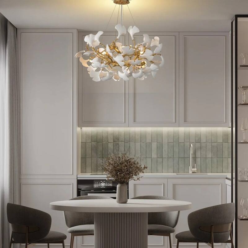 KAYLA Modern Gold Tree Branch Ginkgo Leaf Chandelier - 55" Rectangle Ceramic & Aluminum Design