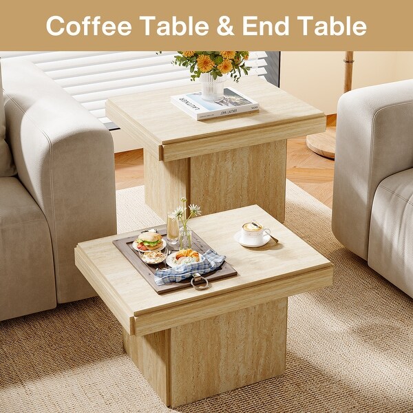 Yuzhou Wood Square Coffee Table Small Side Table Set of 2 Nesting Low Center Tables Beige