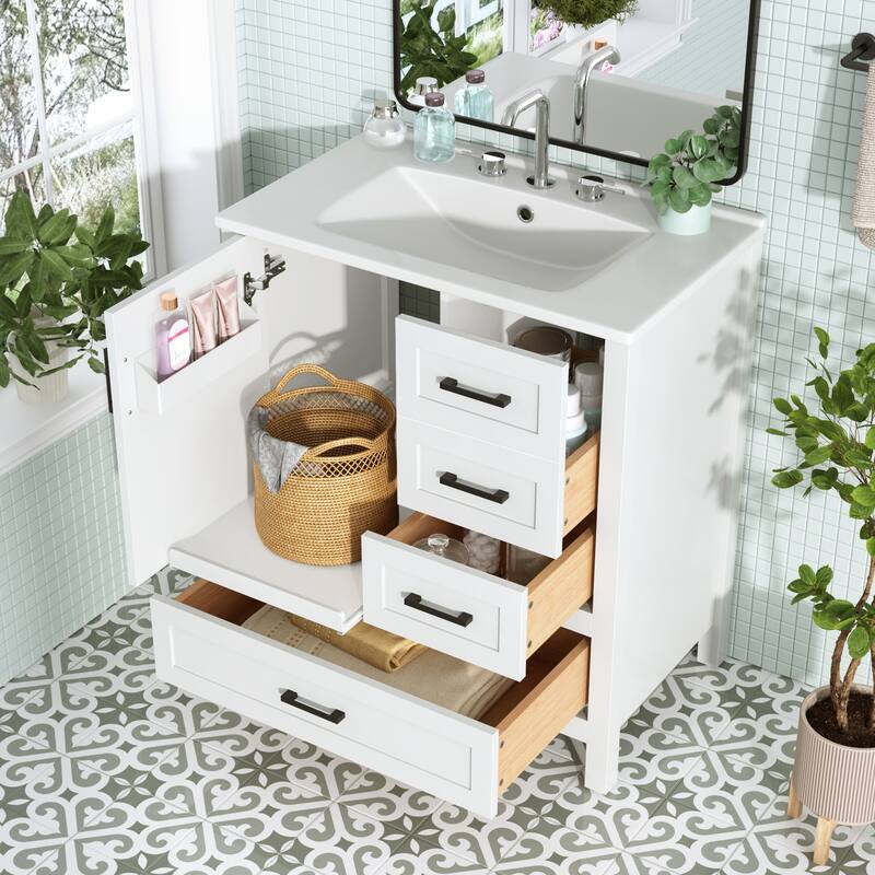 30" Modern Bathroom Vanity Set with Ceramic Sink - Soft-Close Doors & 3 Drawers, Storage Cabinet with Removable Tray - White