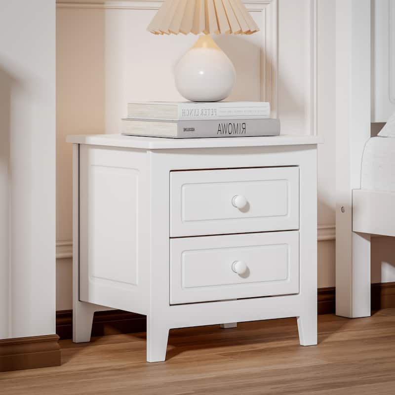 Mid Century Retro 2-Drawer Nightstand, Classic White Bedside Table with Ample Storage - White