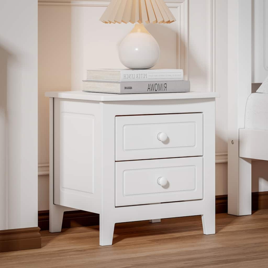 Mid Century Retro 2-Drawer Nightstand, Classic White Bedside Table with Ample Storage