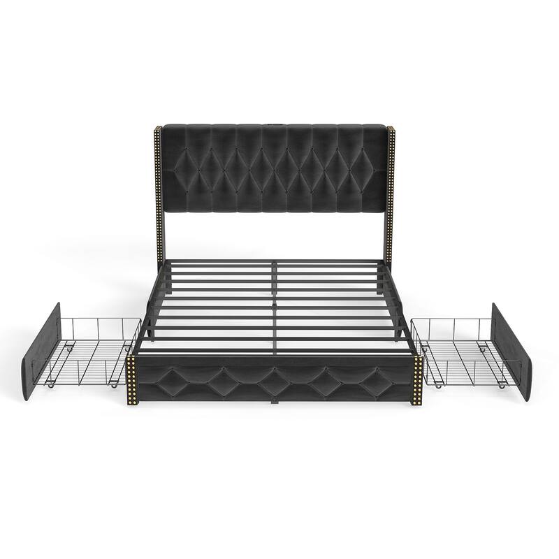 Queen Size Platform Bed Frame with Velvet Headboard, Storage Drawers, and Charging Station