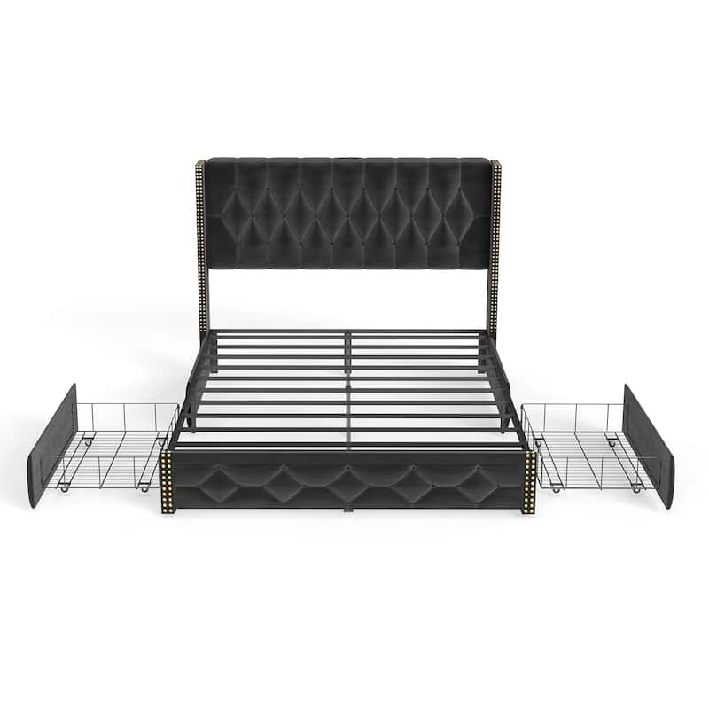 Wingback Bed Velvet Upholstered Platform Bed Frame with 2 Storage Drawers and Headboard, Charging Station, Noise-Free, Black