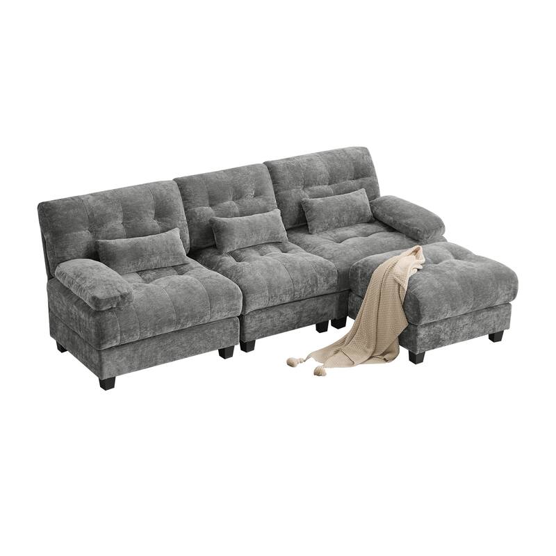 GDFStudio - 4-Piece Adjustable Backrest 93" Chenille Sofa with Ottoman and 3 Throw Pillows