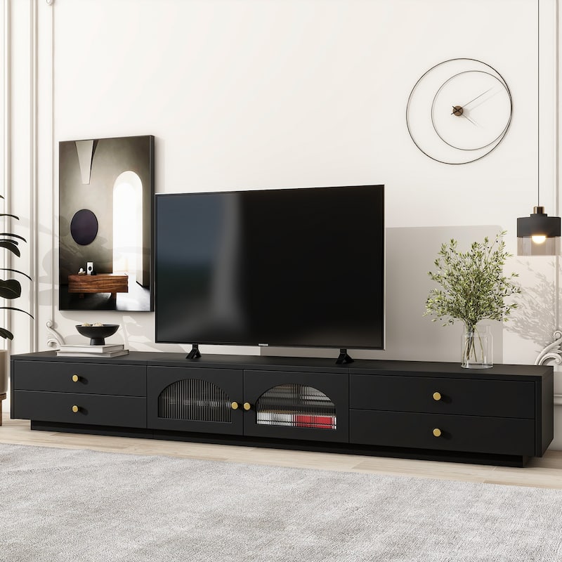 Black 86.6" TV Stand with Fluted Glass Doors and Multiple Storage Options for TVs Up to 95" - Black