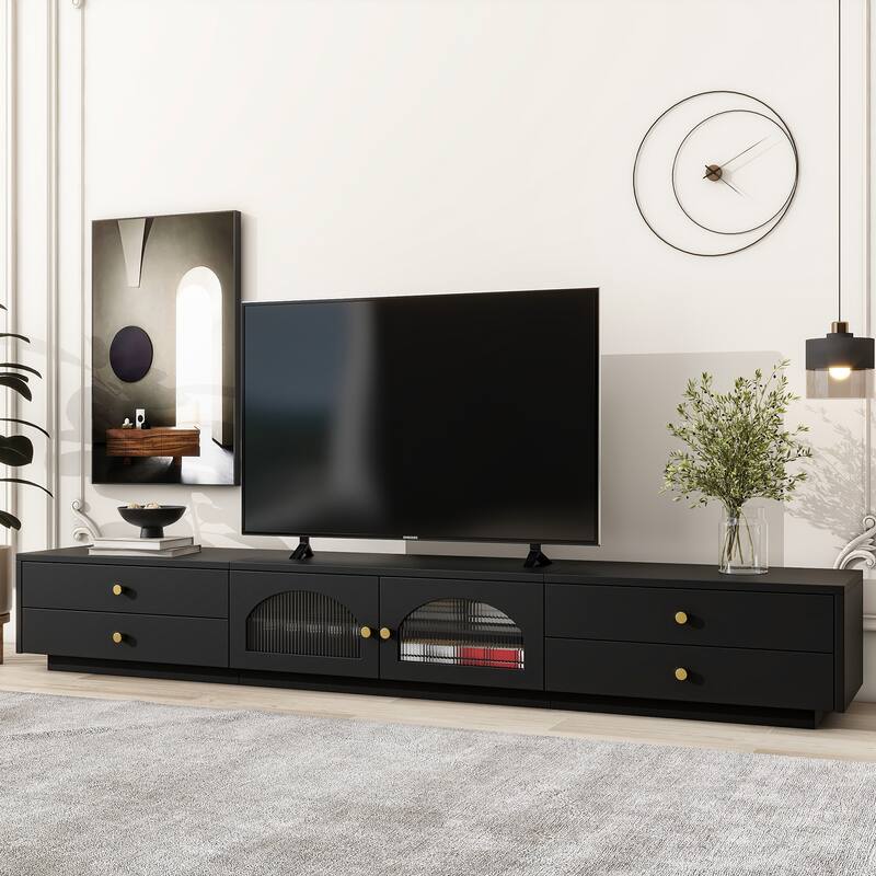 Elegant 87" TV Stand with Fluted Glass Doors & Ample Storage - Modern Media Console for Large TVs - Black