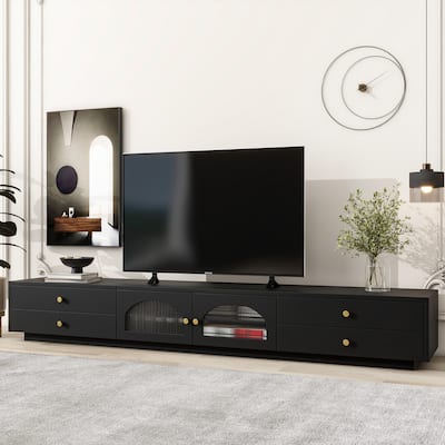 Modern White TV Stand with Fluted Glass Doors, 86.6'' Wide, Tempered Glass Shelf.
