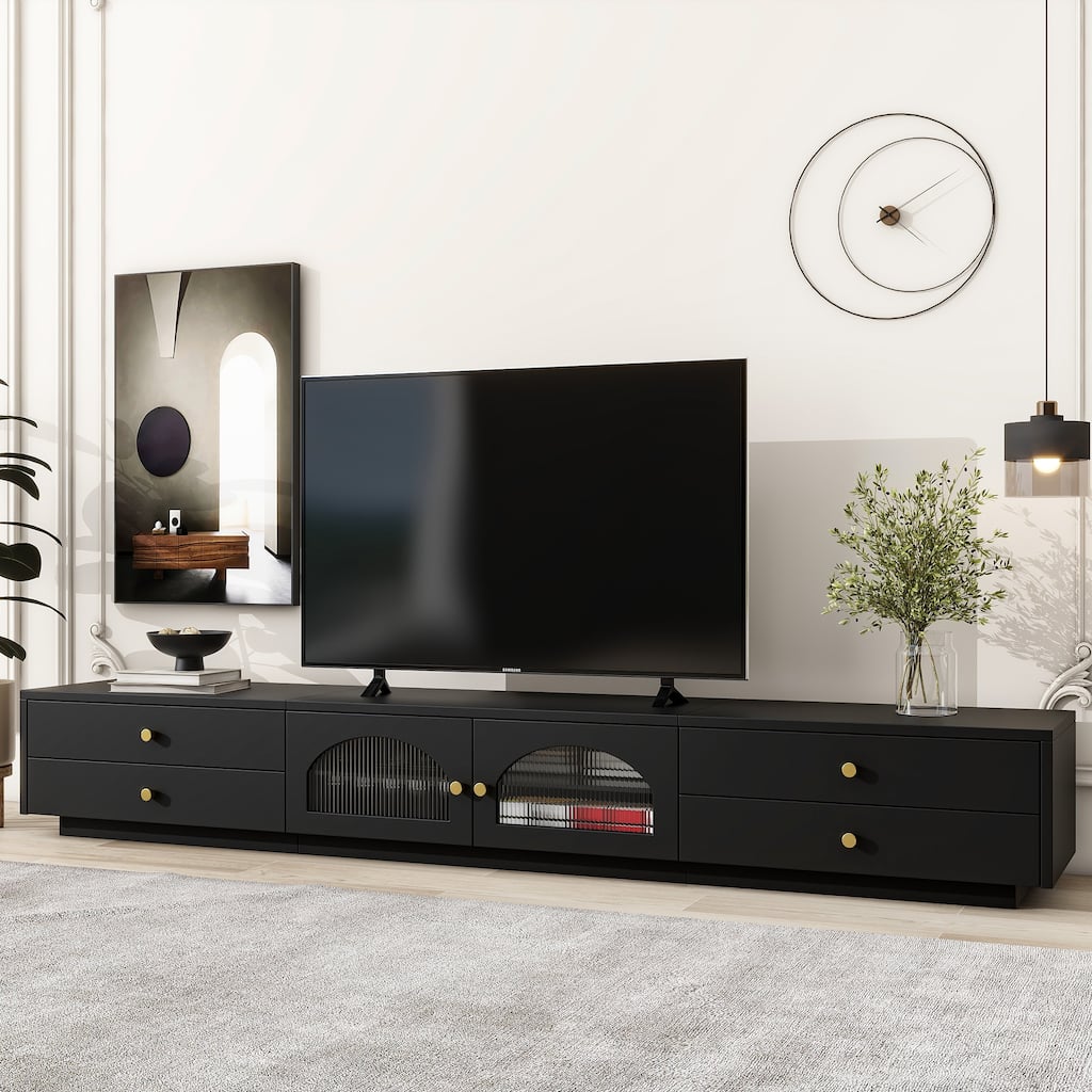 Roomfitters Elegant TV Stand with Fluted Glass Doors, Spacious Media Console with Multiple Storage Options for TVs up to 95"