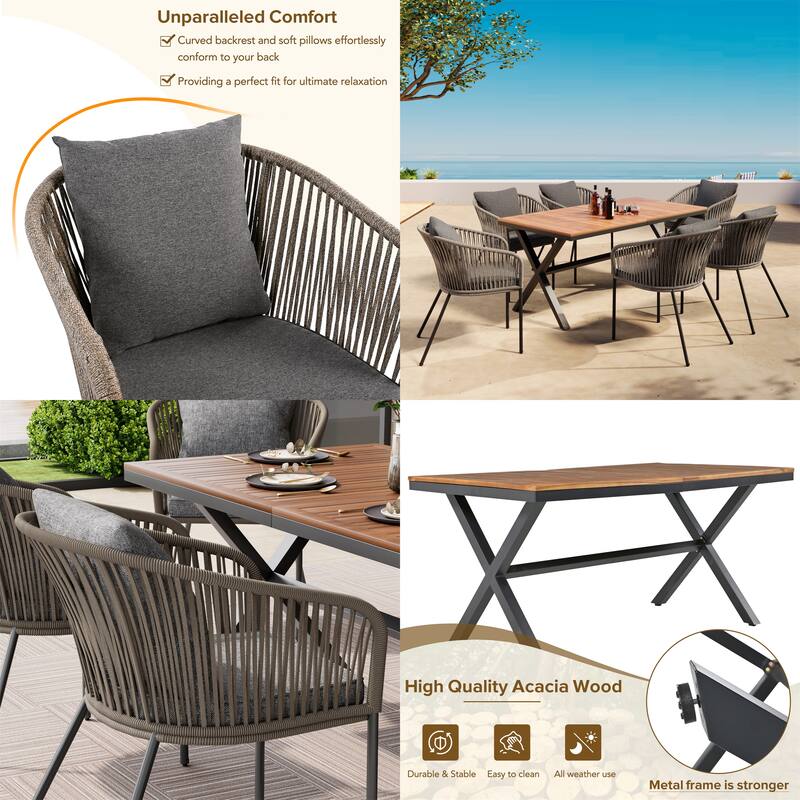 All-Weather Outdoor Dining Set with Acacia Table & Metal Chairs, 7 Pcs
