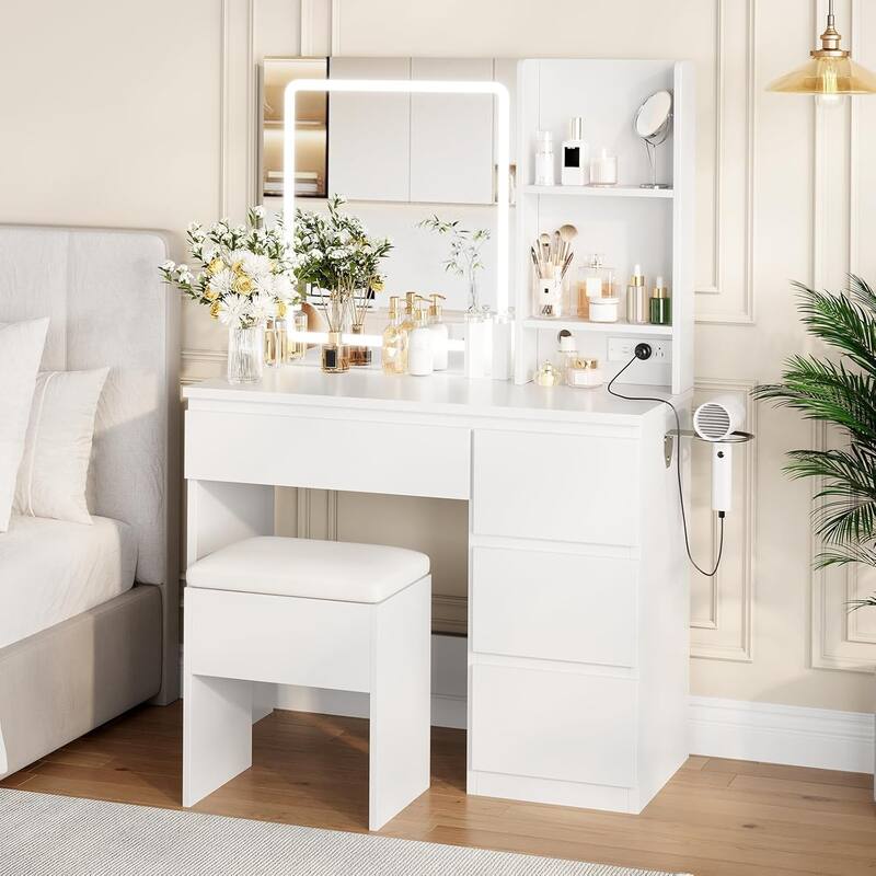 Vanity Desk with Mirror and Lights,Makeup Dressing Table with Outlets and 4 Drawers