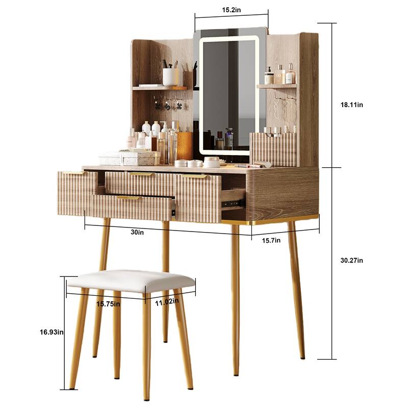 4-Drawer Vanity Desk with LED Mirror & Carved Details