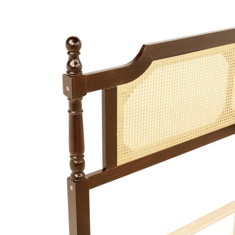 Queen Pine wooden Bed with Rattan Headboard and Footboard