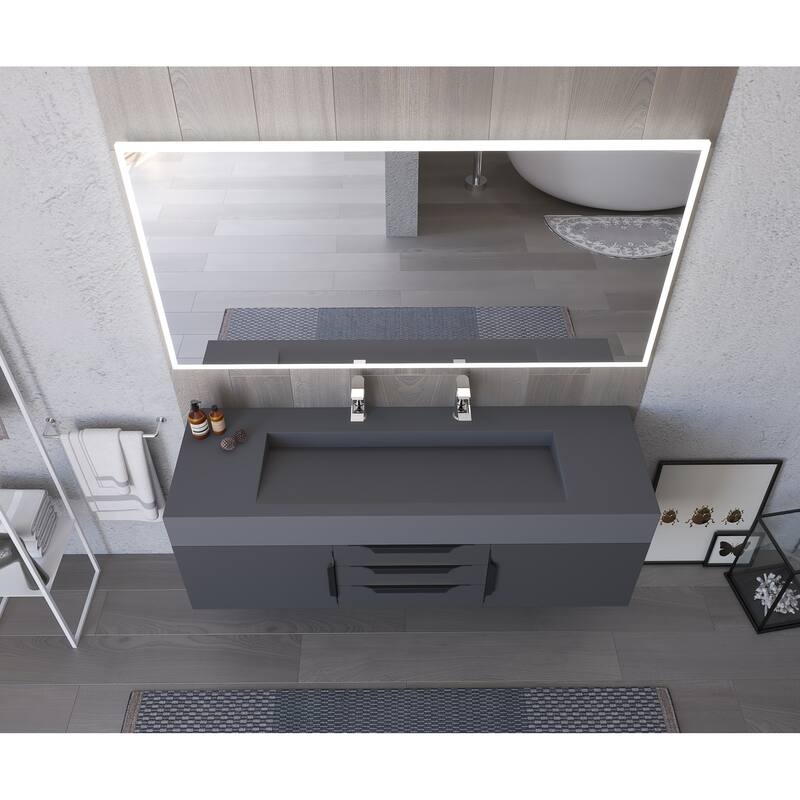 Nile 60" Wall Mounted Bathroom Vanity Set with Gray Solid Surface Top