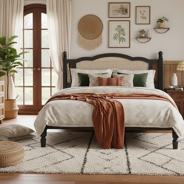Vintage Rattan-Panel Platform Bed by Harper&Bright Designs - On
