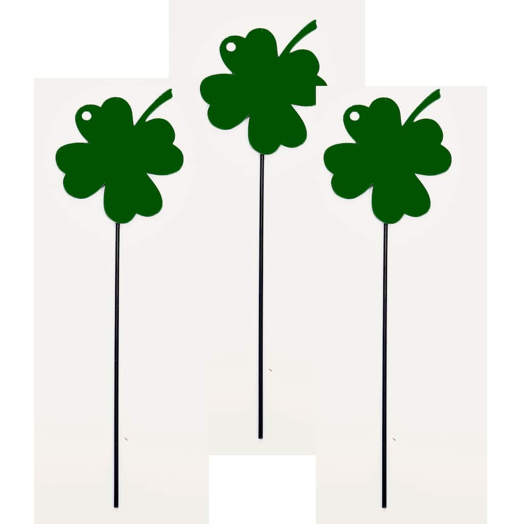 5" Iron Shamrock St Patricks Day Clover Leaf on 10" Garden Planter or Garden Floral Stake, Set of 6